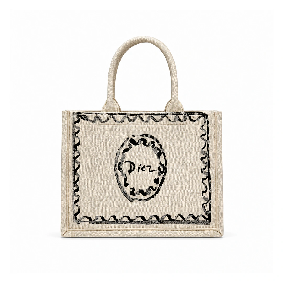 디올 Book Tote 스트랩 백 미디엄 디올 페인티드 리본 자수 코튼 베이지, 블루 · 1