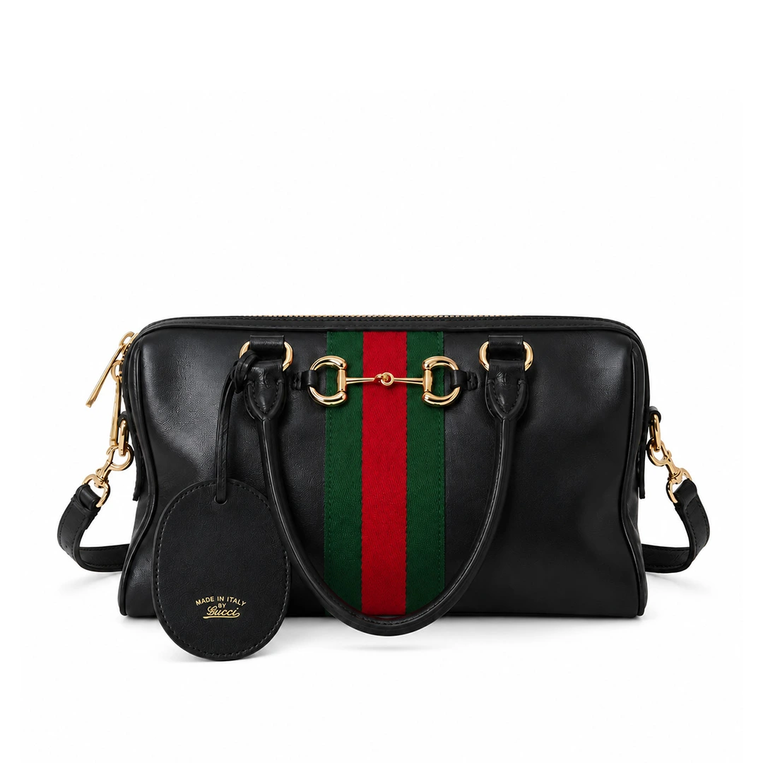 구찌 보르세토 미디엄 보스턴백 GG 레더 블랙, 체스트넛 브라운 · 1