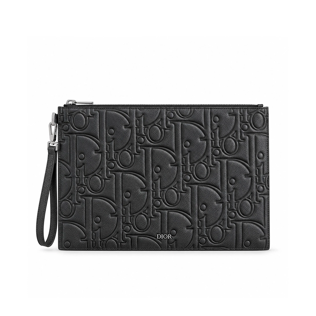 디올 A4 파우치 Dior Oblique 아웃라인 송아지가죽 블랙 · 1